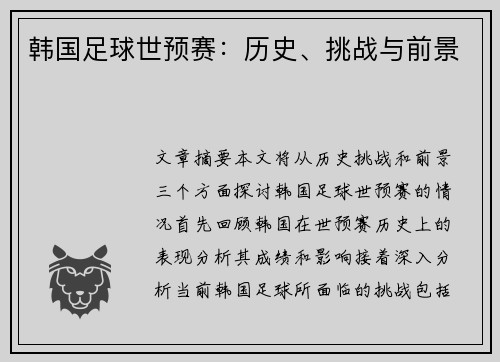 韩国足球世预赛：历史、挑战与前景