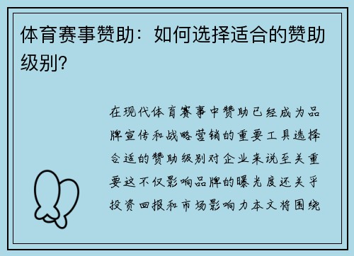 体育赛事赞助：如何选择适合的赞助级别？